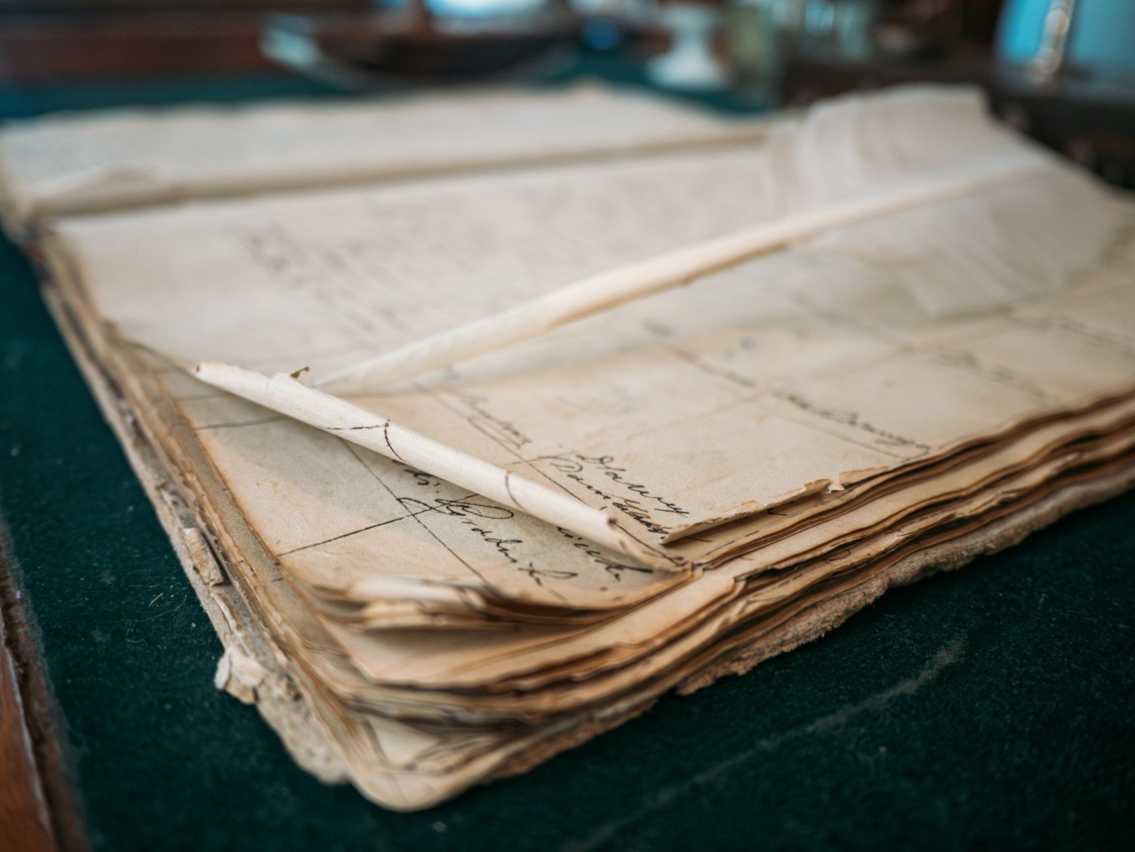 An open antique ledger with handwritten entries and a quill resting across the ruled columns.